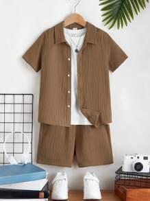 SHEIN 男孩素色前紐扣襯衫和短褲和T恤 - 彩色 - 查看 1