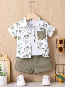Baby Boy Coconut Tree & Dinosaur Print Patched Pocket Shirt & Shorts Without Tee - Multicolor - View 1
