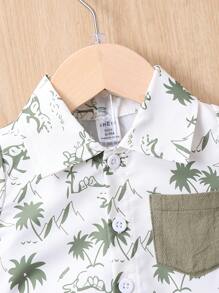 Baby Boy Coconut Tree & Dinosaur Print Patched Pocket Shirt & Shorts Without Tee - Multicolor - View 3