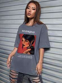 Ashley Baxter 艺术家形象与口号图案落肩超大 T 恤，适合夏季、假日、度假、节日 - 霧霾藍 - 查看 5