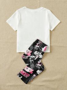 SHEIN 年輕女孩圖形及標語圖案T恤和緊身褲 - 彩色 - 查看 2