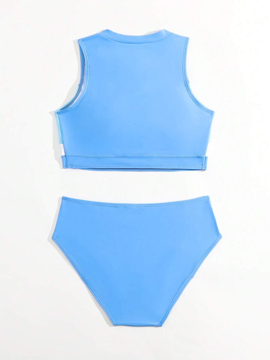 SHEIN Teen Girls Color Block Zipper Front Bikini Set Summer Beach - Blue - View 1
