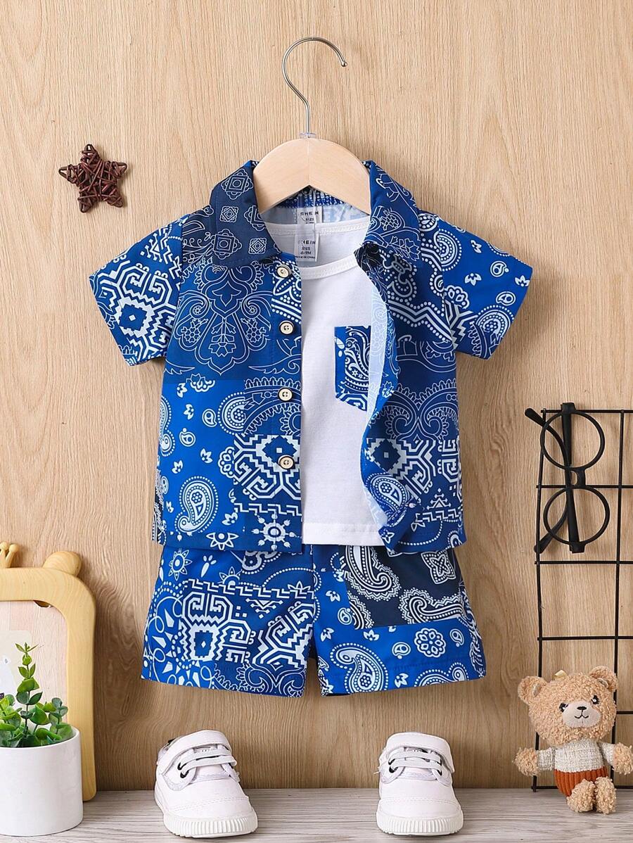男嬰佩斯利印花襯衫和短褲和T恤