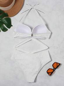 網眼刺繡交叉聚攏比基尼泳裝 - 白色 - 查看 3