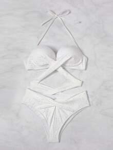 網眼刺繡交叉聚攏比基尼泳裝 - 白色 - 查看 7