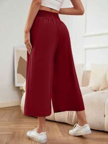 SHEIN LUNE Solid Cropped Wide Leg Trousers - Burgundy - View 2