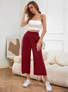 SHEIN LUNE Solid Cropped Wide Leg Trousers - Burgundy - View 3