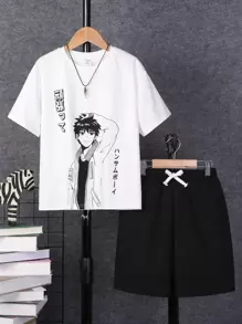 SHEIN 男孩日本字母和數字圖案T恤和腰部抽繩短褲 - 黑與白 - 查看 1