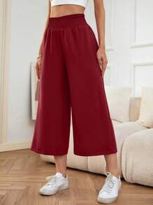 SHEIN LUNE Solid Cropped Wide Leg Trousers - Burgundy - View 4