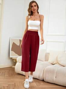 SHEIN LUNE Solid Cropped Wide Leg Trousers - Burgundy - View 5