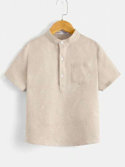 SHEIN Tween Boy Stand Collar Patch Pocket Half Placket Short Sleeve Shirt, Summer