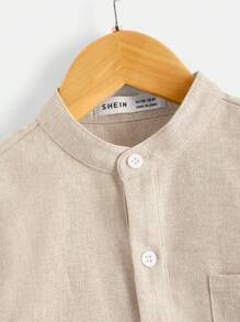 SHEIN Tween Boy Stand Collar Patch Pocket Half Placket Short Sleeve Shirt, Summer