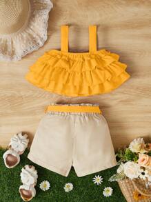 SHEIN Baby Ruffle Trim Wide Strap Top & Belted Shorts - Yellow - View 2