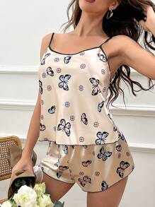 Conjunto de pijama con estampado de mariposa unido en contraste de satén - Albaricoque - Ver 5