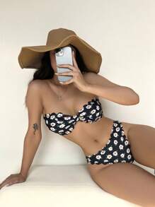 SHEIN Swim Floral Print Bandeau Bikini Set - Black - View 3