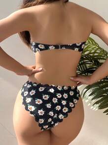 SHEIN Swim Floral Print Bandeau Bikini Set - Black - View 2