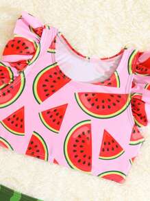 Baby Girl Watermelon Print Ruffle Trim Beachwear Summer Beach - Multicolor - View 4