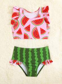Baby Girl Watermelon Print Ruffle Trim Beachwear Summer Beach - Multicolor - View 5
