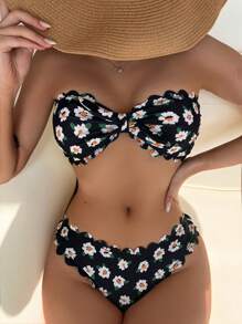 SHEIN Swim Floral Print Bandeau Bikini Set - Black - View 5