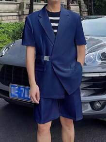 Manfinity Men 1pc Flap Detail Blazer & 1pc Shorts - Navy Blue - View 1