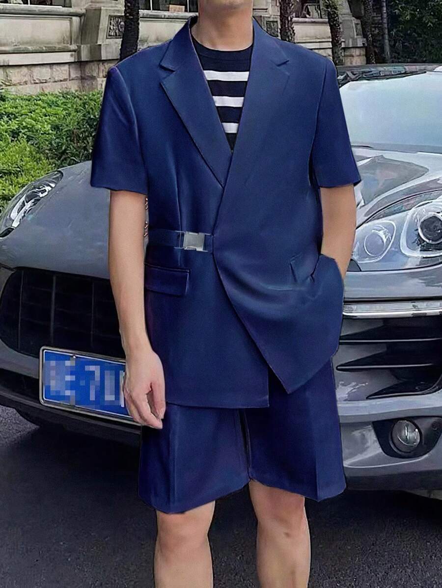 Manfinity Men 1pc Flap Detail Blazer & 1pc Shorts - Navy Blue - View 1