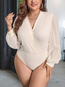 SHEIN Privé Plus Surplice Neck Lantern Sleeve Bodysuit - Apricot - View 3