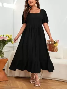 SHEIN Unity Vestido de cuello cuadrado de manga farol bajo con fruncido - Negro - Ver 1