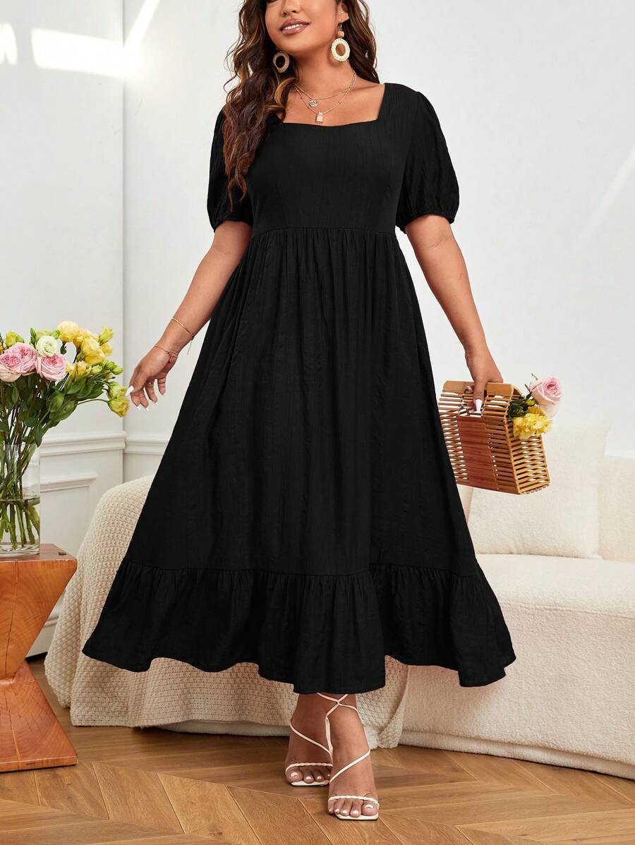 SHEIN Unity Vestido de cuello cuadrado de manga farol bajo con fruncido - Negro - Ver 1