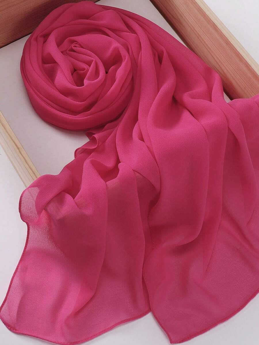 1pc Modest Hijabi Casual Versatile Solid Color Soft & Breathable Chiffon Hijab Scarf, Spring/Summer - Hot Pink - View 1