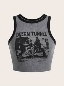 SHEIN EZwear Áo khoác và áo lót dành cho xe tăng nữ Gân đan Tương phản ràng buộc Đồ họa Lá thư Giải trí - Màu xám đen - Xem 1