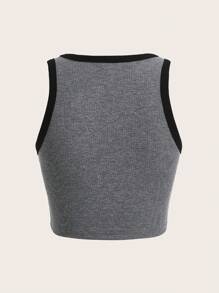 SHEIN EZwear Áo khoác và áo lót dành cho xe tăng nữ Gân đan Tương phản ràng buộc Đồ họa Lá thư Giải trí - Màu xám đen - Xem 2