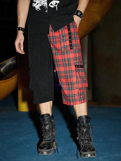Grunge Punk Guys Tartan Flap Pocket Side Cargo Pants