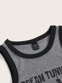 SHEIN EZwear Áo khoác và áo lót dành cho xe tăng nữ Gân đan Tương phản ràng buộc Đồ họa Lá thư Giải trí - Màu xám đen - Xem 3