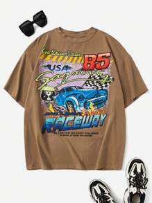 SHEIN Coolane 汽車和標語圖案落肩T恤 - 棕色 - 查看 1