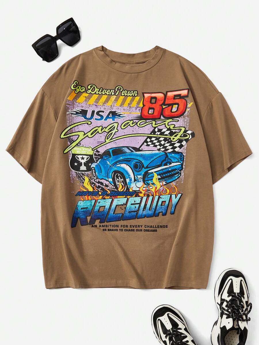 SHEIN Coolane 汽車和標語圖案落肩T恤 - 棕色 - 查看 1