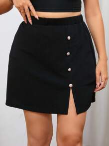 SHEIN Privé 大碼紐扣細節開衩短裙 - 黑色 - 查看 1