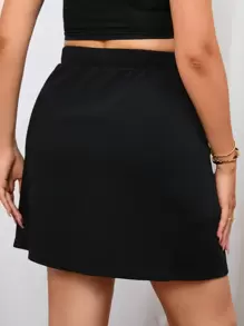 SHEIN Privé 大碼紐扣細節開衩短裙 - 黑色 - 查看 2