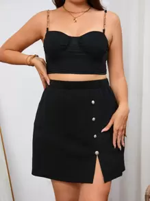 SHEIN Privé 大碼紐扣細節開衩短裙 - 黑色 - 查看 4