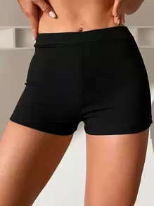 Swim Basics Summer Beach Solid Ribbed Knit Bikini Bottom - Black - View 1