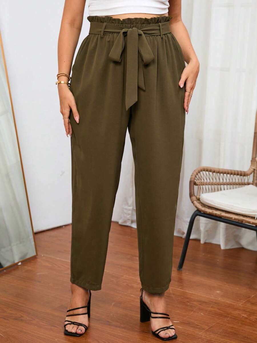 SHEIN Privé 大碼素色紙袋腰腰帶長褲 - 軍綠色 - 查看 1