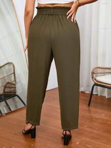 SHEIN Privé 大碼素色紙袋腰腰帶長褲 - 軍綠色 - 查看 2