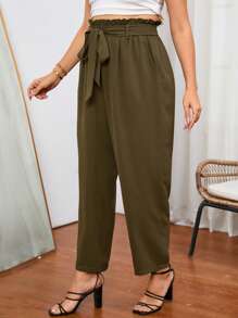 SHEIN Privé 大碼素色紙袋腰腰帶長褲 - 軍綠色 - 查看 3