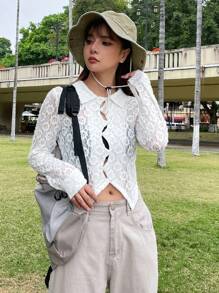 DAZY 纯色纽扣前部不对称下摆蕾丝上衣透明长袖女式上衣 - 白色 - 查看 2