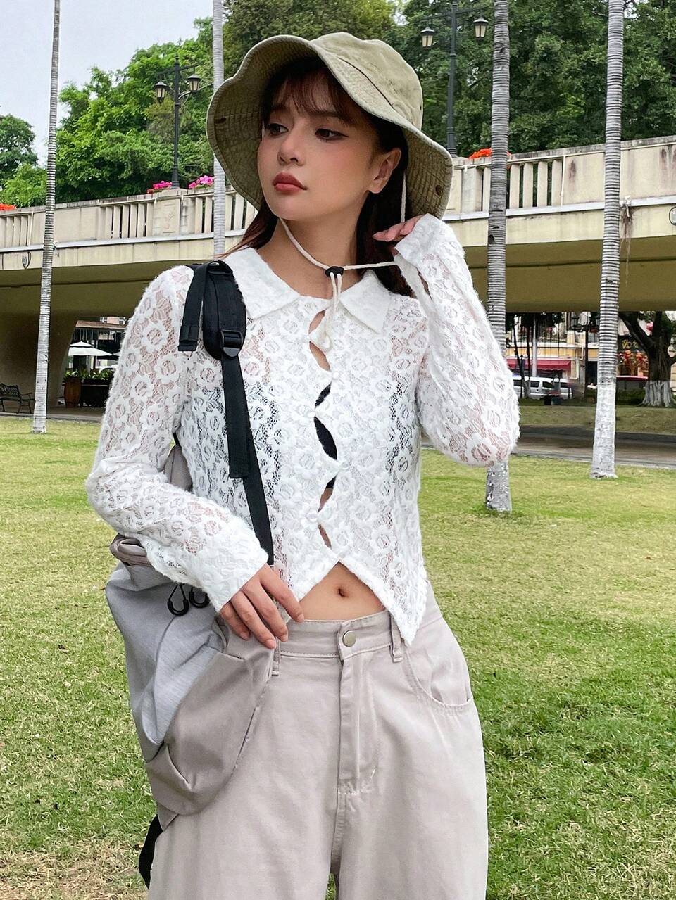 Solid Button Front Asymmetrical Hem Lace Top Sheer Long Sleeve Women Tops