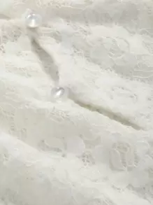 DAZY 纯色纽扣前部不对称下摆蕾丝上衣透明长袖女式上衣 - 白色 - 查看 3