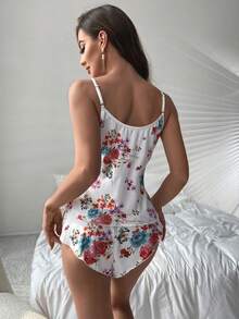 Bộ đồ ngủ Nữ Tương phản ren Xù nhỏ Hoa Tất cả trên in Giải trí - Nhiều màu - Xem 2