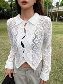 DAZY 纯色纽扣前部不对称下摆蕾丝上衣透明长袖女式上衣 - 白色 - 查看 6