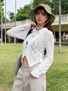 DAZY 纯色纽扣前部不对称下摆蕾丝上衣透明长袖女式上衣 - 白色 - 查看 7