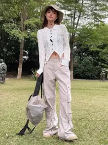 DAZY 纯色纽扣前部不对称下摆蕾丝上衣透明长袖女式上衣 - 白色 - 查看 8