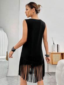 BUTTERFLY 嘴唇和骷髏手掌圖案流蘇下擺背心上衣不附腰帶 - 黑色 - 查看 2